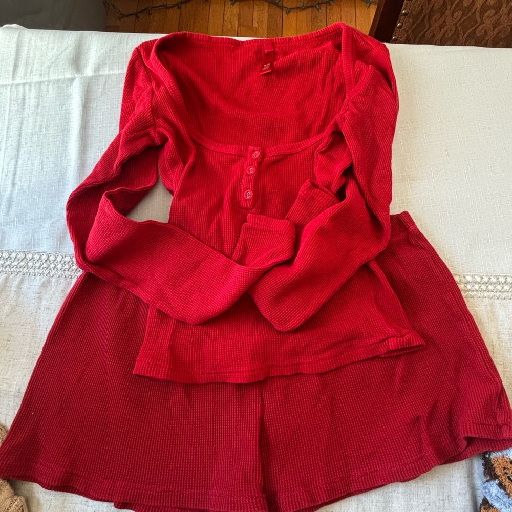 SKIMS Red Waffle-Knit Long Sleeve Henley Top & Shorts Set